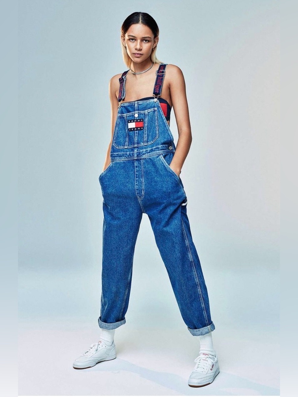 Tommy Hilfiger Sz M (estimated) Blue Denim Bib Carpenter Overalls Thick Straps